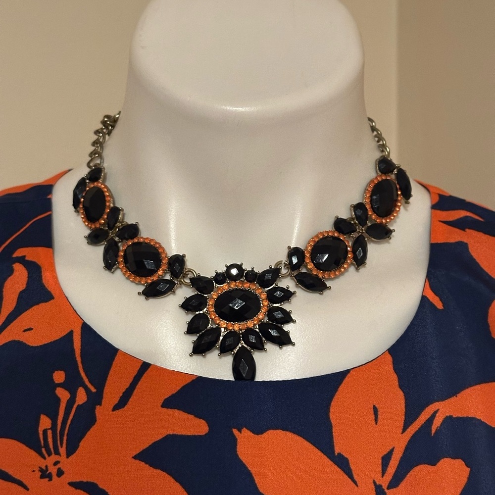 J CREW Navy Blue Orange Glass Stones Chunky, Bib- Style Statement Necklace .